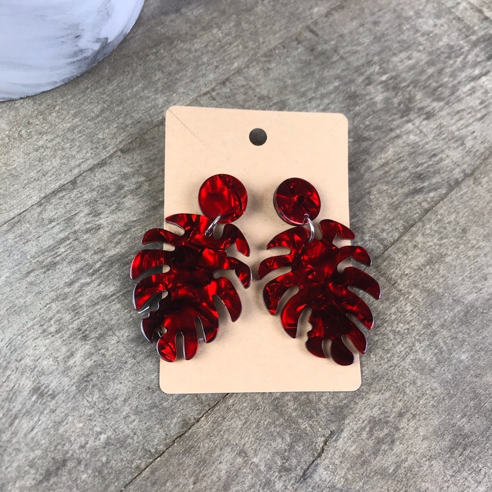 Red Palm Leaf Acrylic Dangle Statement Earrings